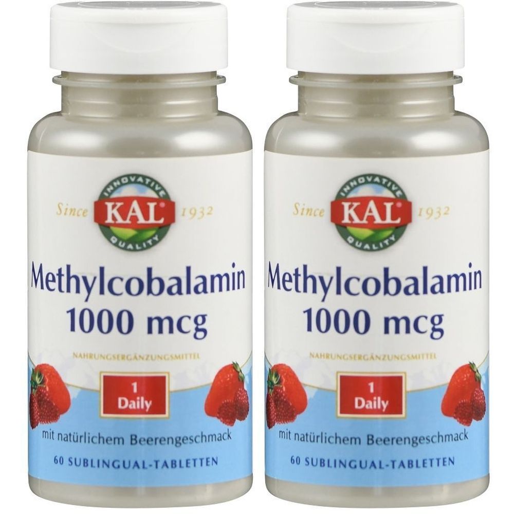 Zwei Flaschen Vitamin B12 Methylcobalamin. Aufschrift: KAL, Methylcobalamin 1000 mcg, 60 Sublingual-Tabletten. Mit Erdbeeren.