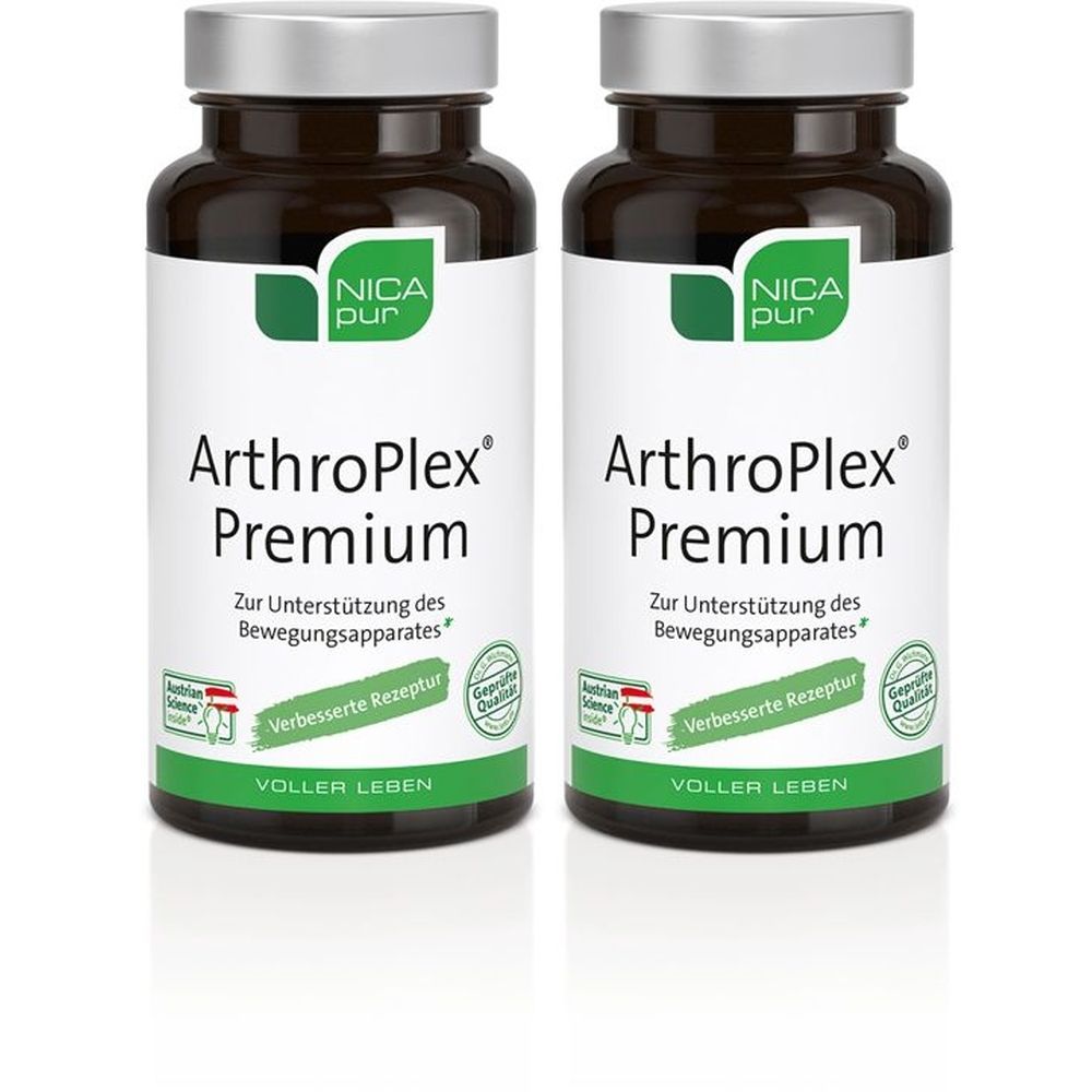 Zwei Flaschen ArthroPlex Premium. Braune Glasflaschen mit silbernen Deckeln und weißen Etiketten. Text: NICA pur, ArthroPlex Premium, VOLLER LEBEN.