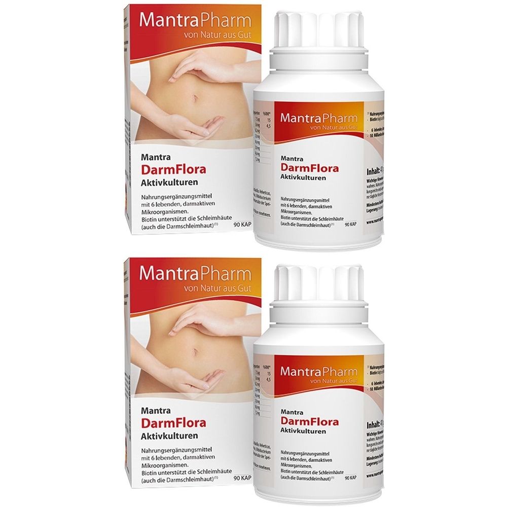 Zwei Packungen und zwei Flaschen. Aufschrift: Mantra DarmFlora Aktivkulturen. Verpackung mit Abbildung eines Bauches.