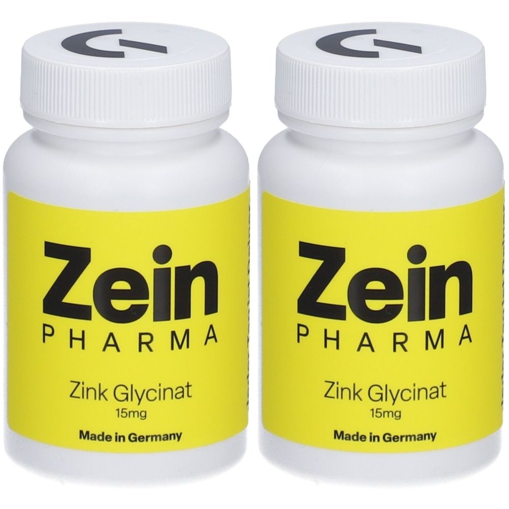 Zwei weiße Flaschen mit gelben Etiketten. Aufschrift: Zein Pharma, Zink Glycinat 15mg. Hergestellt in Deutschland. Weiße Deckel mit Pfeil.