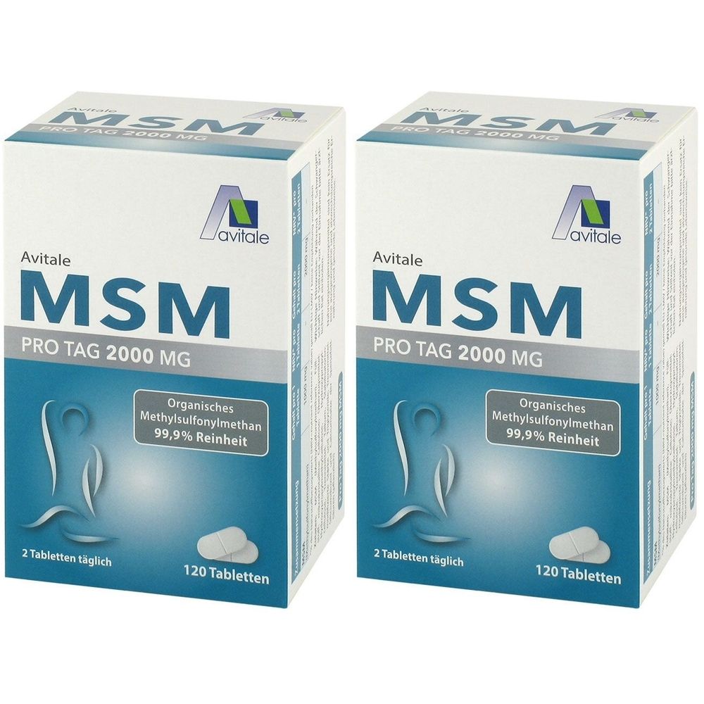 Zwei weiße Kartons mit der Aufschrift "MSM PRO TAG 2000 MG". Enthält 120 Tabletten. Marke: Avitale. Text: Organisches Methylsulfonylmethan 99,9% Reinheit.
