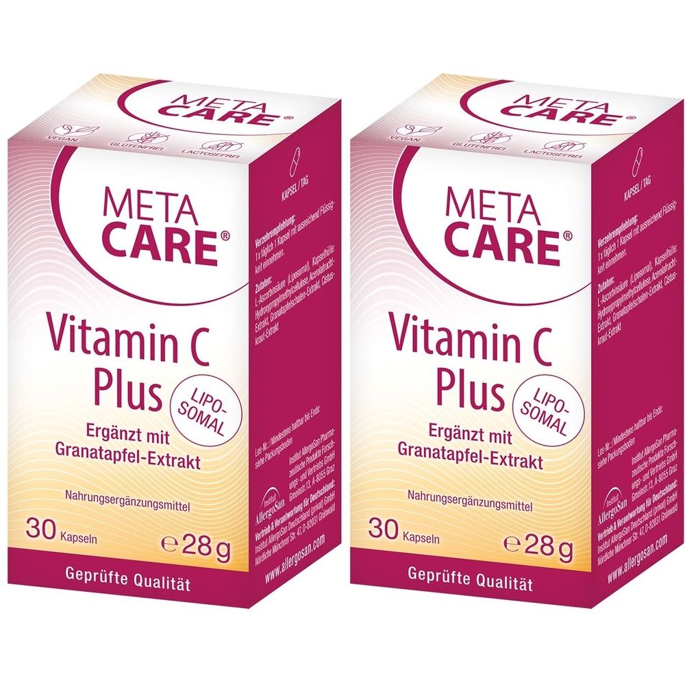 Zwei Packungen META CARE® Vitamin C Plus. Aufschrift: Vitamin C Plus, Ergänzt mit Granatapfel-Extrakt, 30 Kapseln, e28g. Geprüfte Qualität.