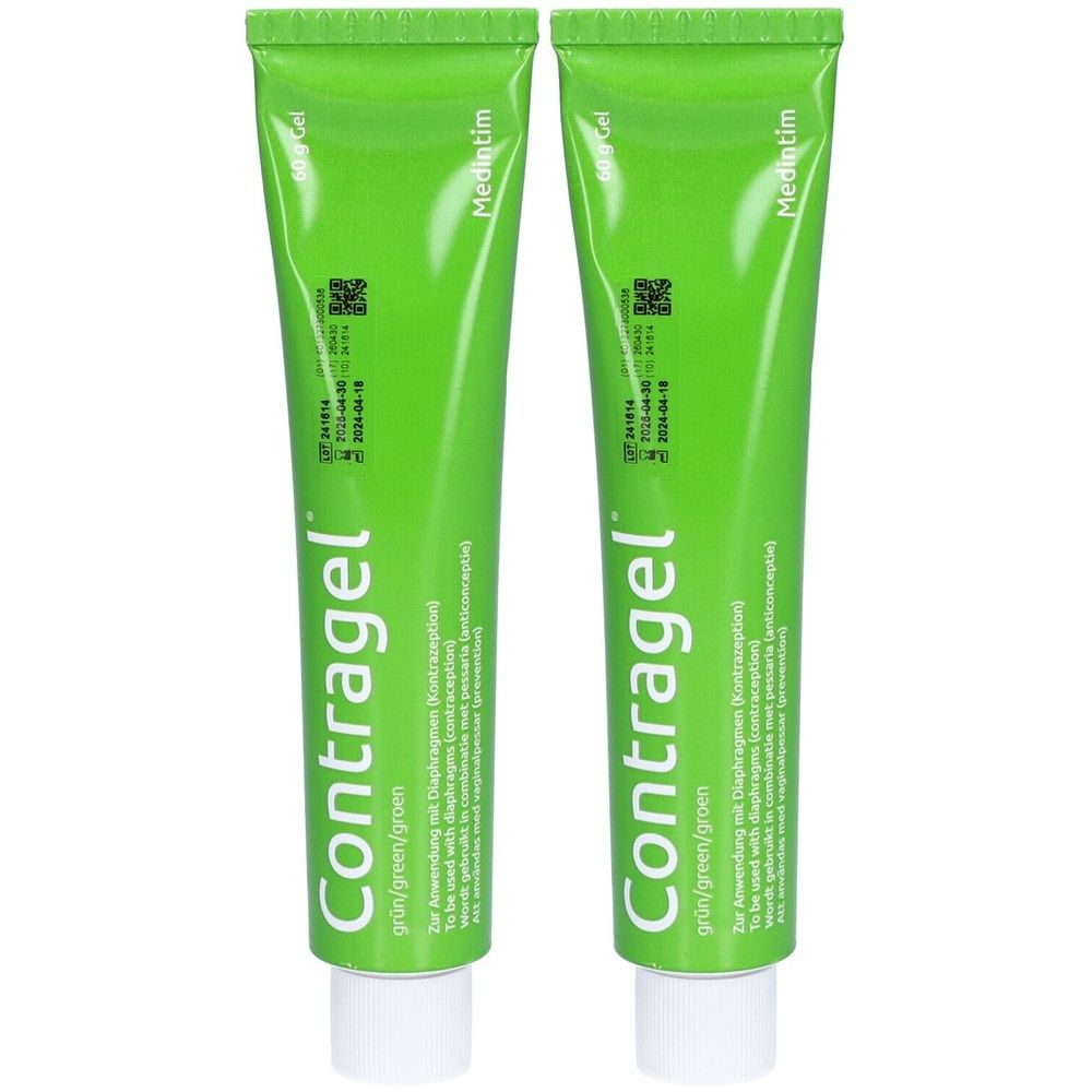 Zwei grüne Tuben Contragel. Aufschrift: grün/green/groen. Medintim. QR-Code und Verfallsdatum. Weiße Verschlusskappe.