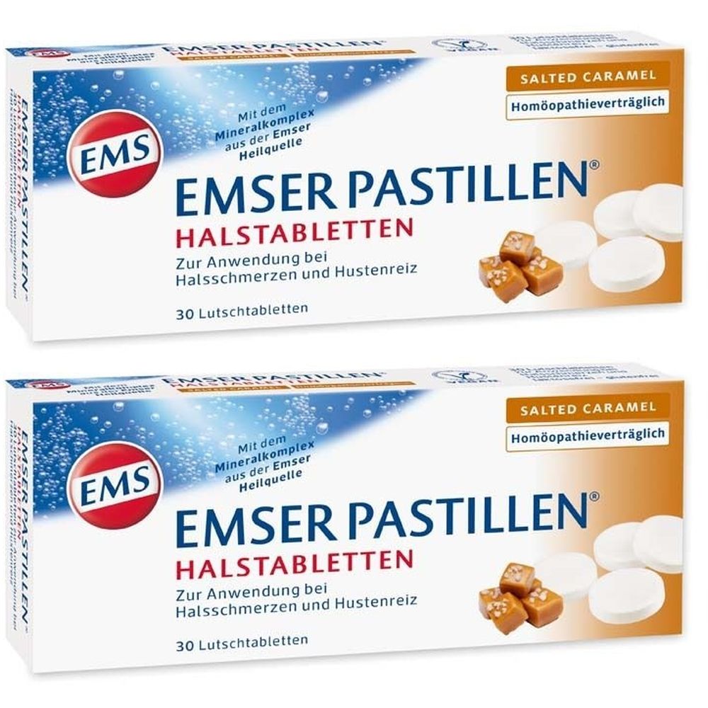 Zwei Schachteln EMSER PASTILLEN® HALSTABLETTEN. Aufschrift: SALTED CARAMEL, 30 Lutschtabletten. Abgebildet sind Tabletten und Karamellstücke.