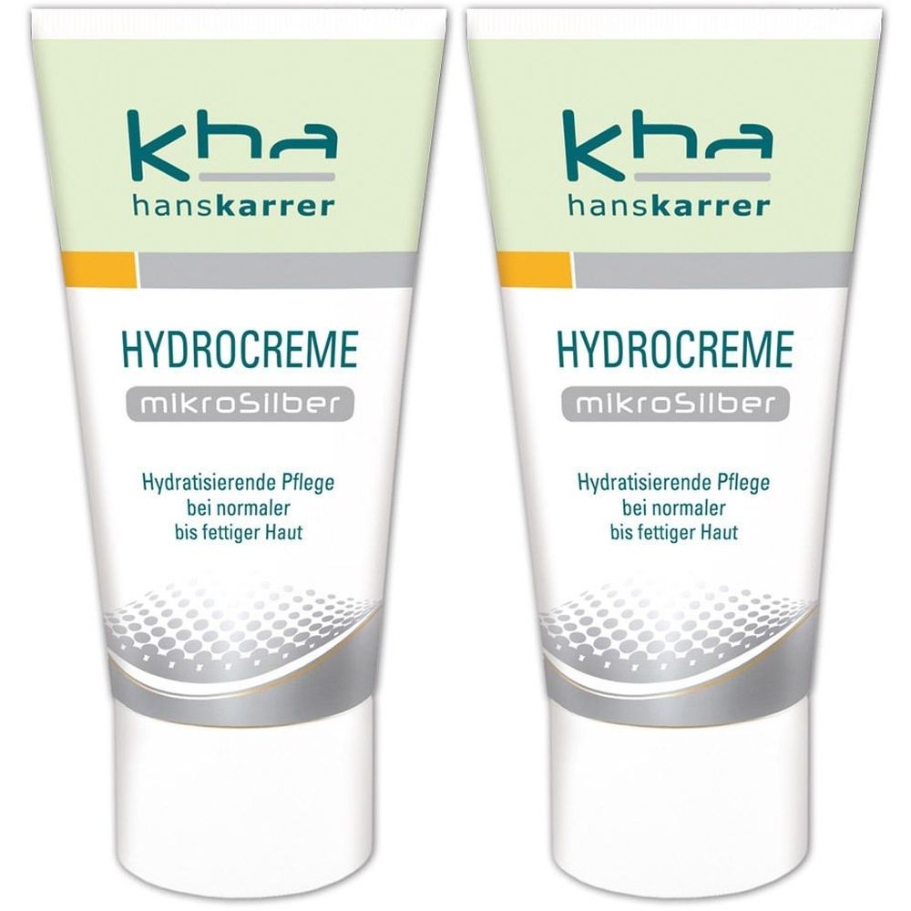 Zwei Tuben Hydrocreme mit Mikrosilber. Aufschrift: kha hanskarrer, HYDROCREME, Hydratisierende Pflege bei normaler bis fettiger Haut.