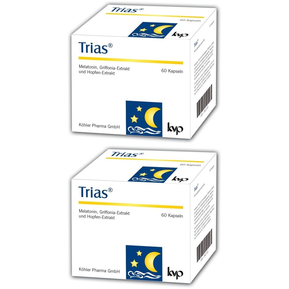 Zwei weiße Kartons mit dem Produktnamen Trias®. Aufschrift: Melatonin, Griffonia-Extrakt und Hopfen-Extrakt. 60 Kapseln. Logo mit Mond und Sternen.