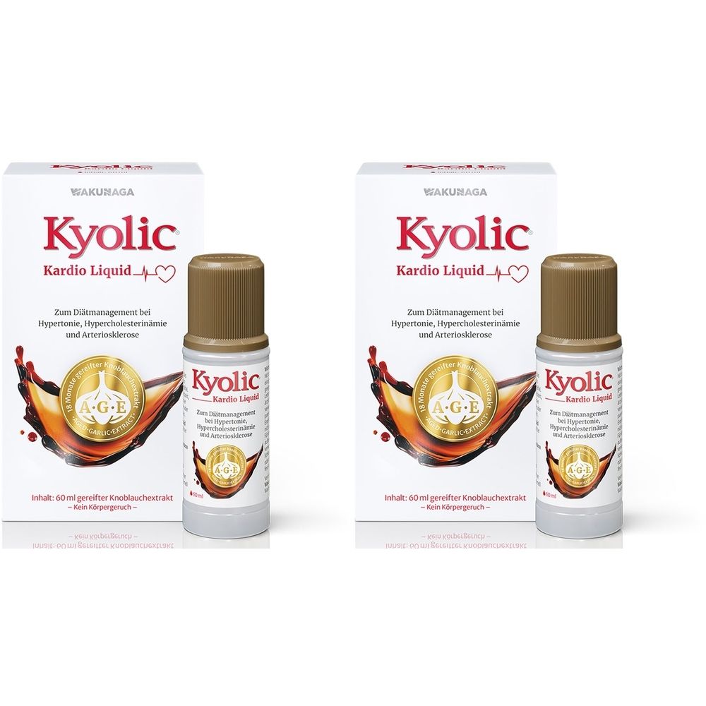 Zwei Flaschen und Verpackungen von Kyolic Kardio Liquid. Die Flaschen haben braune Kappen und weiße Etiketten. Die Verpackungen sind weiß mit roter Schrift.