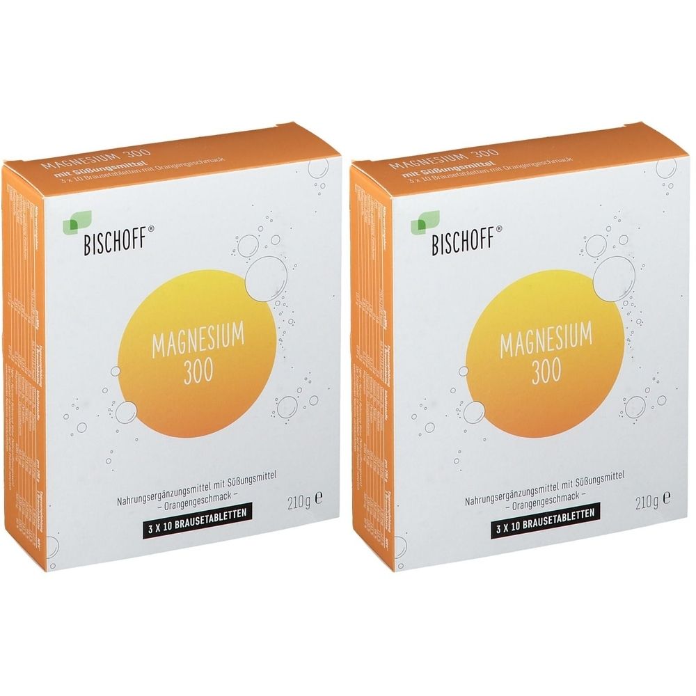 Zwei Kartons mit Magnesium-Brausetabletten. Aufdruck: Magnesium 300, Bischoff. Orangefarbener Kreis auf weißem Grund.