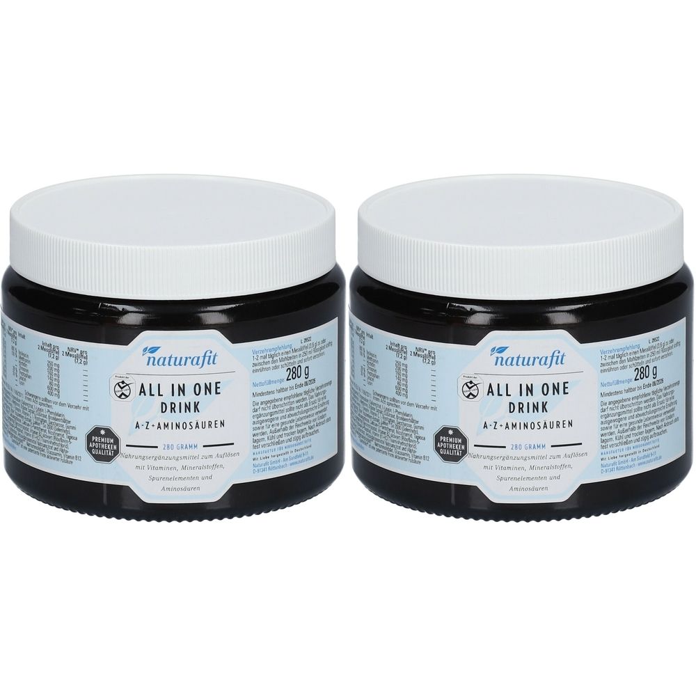 Zwei schwarze Dosen mit weißem Deckel. Aufschrift: naturafit ALL IN ONE DRINK A-Z-Aminosäuren. Jede Dose enthält 280g.