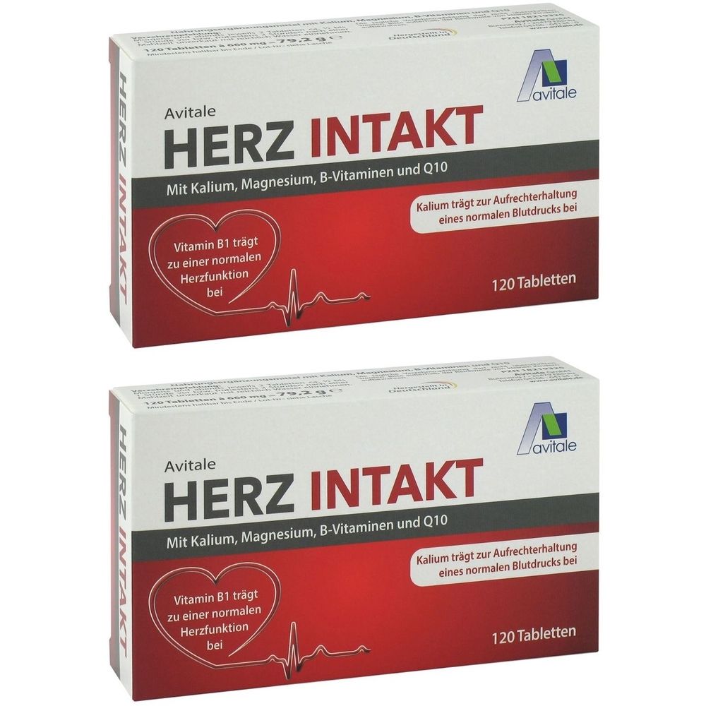 Zwei Schachteln Avitale HERZ INTAKT. Aufschrift: Mit Kalium, Magnesium, B-Vitaminen und Q10. Enthält 120 Tabletten. Logo: blaues A.
