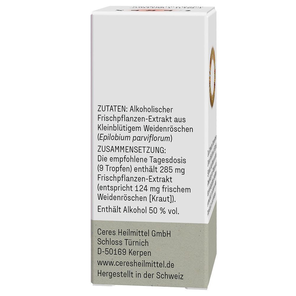 Rückseite der CERES Weidenröschen Verpackung mit Zutaten und Herstellerangaben.