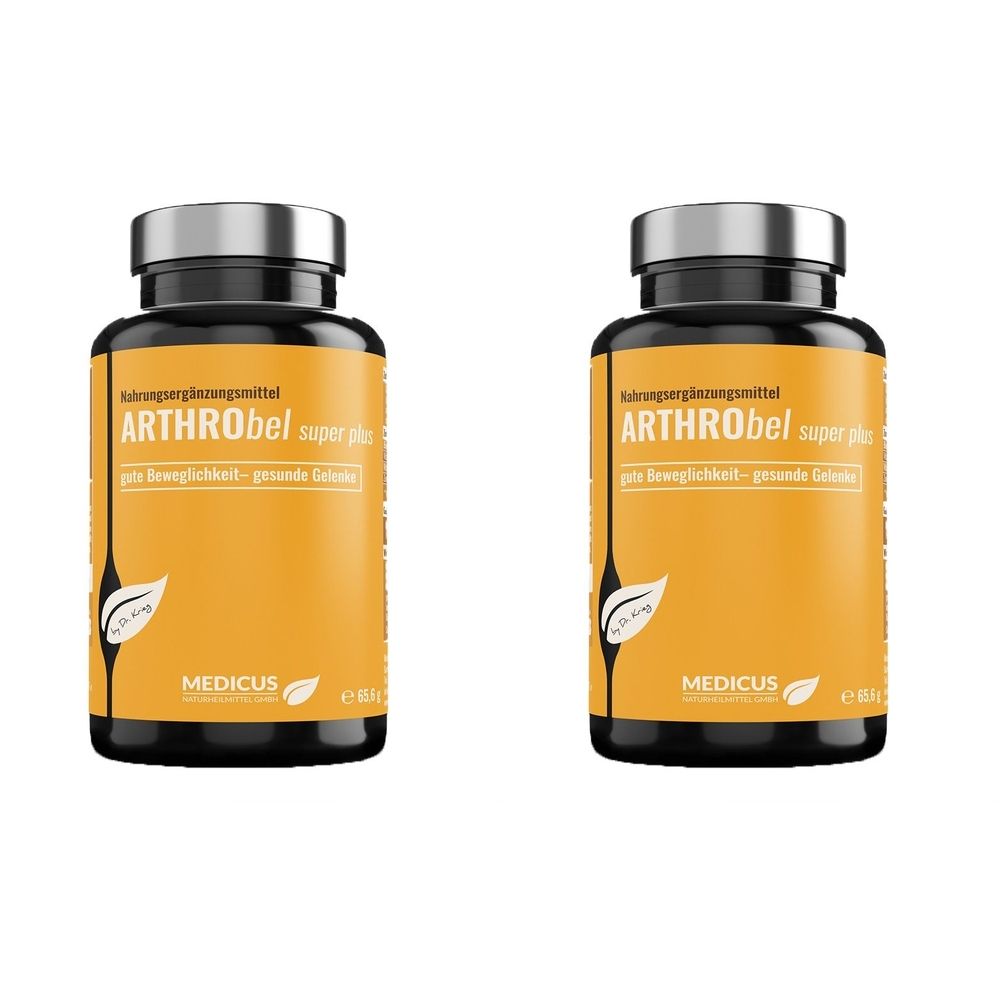 Zwei Flaschen ARTHRObel super plus. Schwarze Deckel, gelbe Etiketten mit weißer Schrift. Logo und Schriftzug MEDICUS.