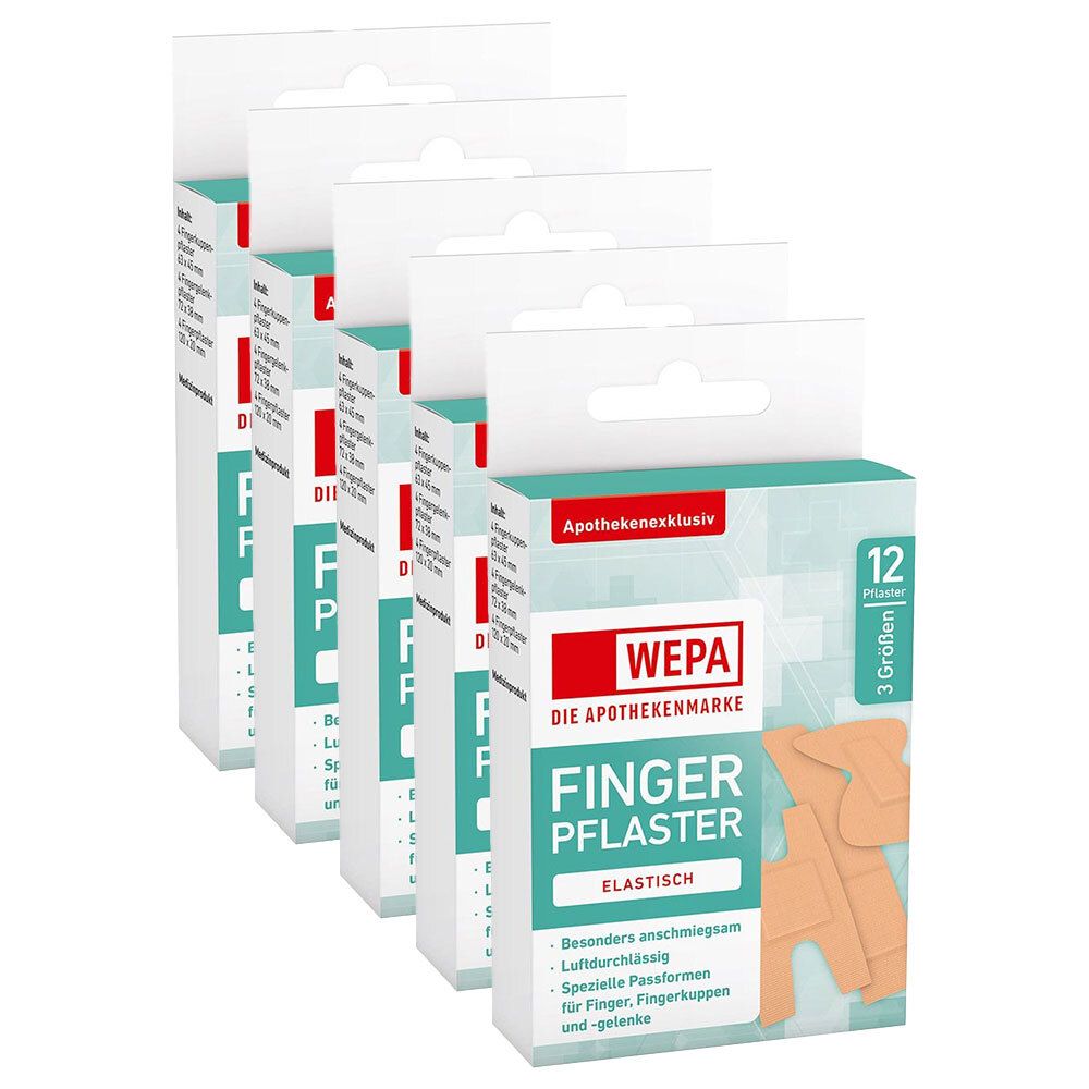 Mehrere Packungen Fingerpflaster. Aufdruck: WEPA, Fingerpflaster, elastisch. 12 Stück, 3 Größen. Apothekenexklusiv.