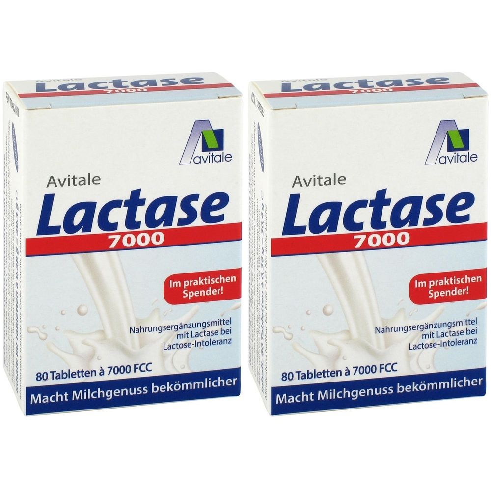 Zwei Kartons Avitale Lactase 7000. Weiß, mit roter und blauer Schrift. Aufschrift: "Im praktischen Spender!" und "80 Tabletten".