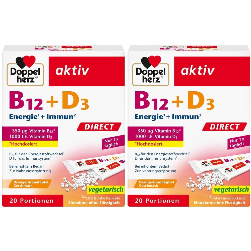 Zwei Packungen Doppelherz aktiv B12 + D3 Direct. Rote und weiße Verpackung mit Produktinformationen. 20 Portionen, vegetarisch.