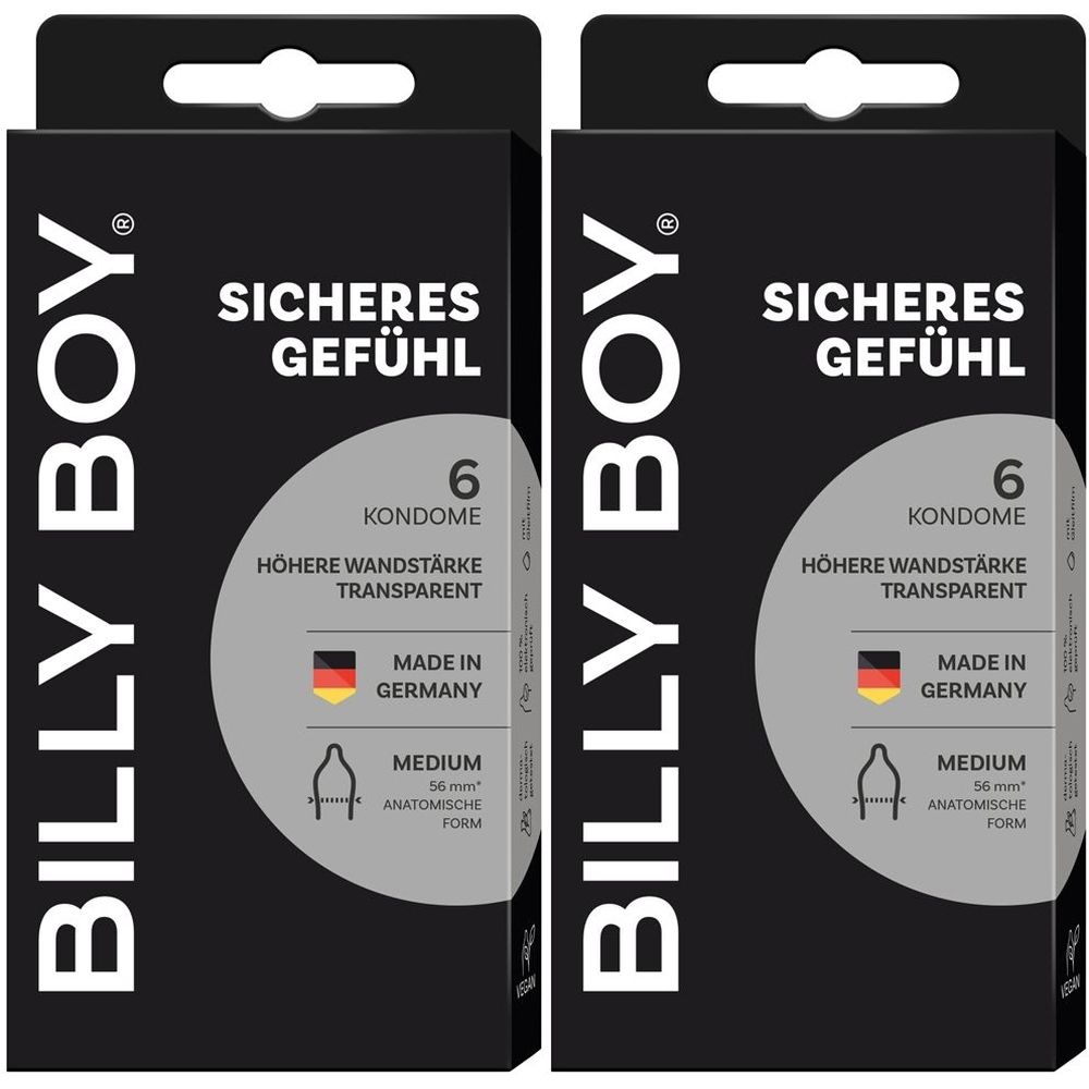 Zwei schwarze Schachteln mit Kondomen. Aufschrift: BILLY BOY, Sicheres Gefühl, 6 Kondome, höhere Wandstärke, transparent, Made in Germany.