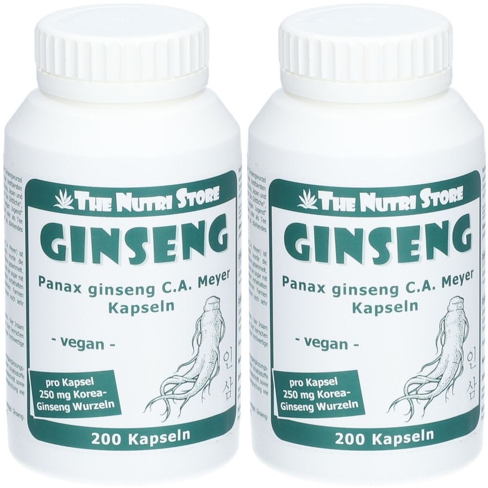 Zwei weiße Flaschen mit Ginseng-Kapseln. Aufschrift: GINSENG, 250 mg Korea-Ginseng Wurzeln, 200 Kapseln. Vegan.