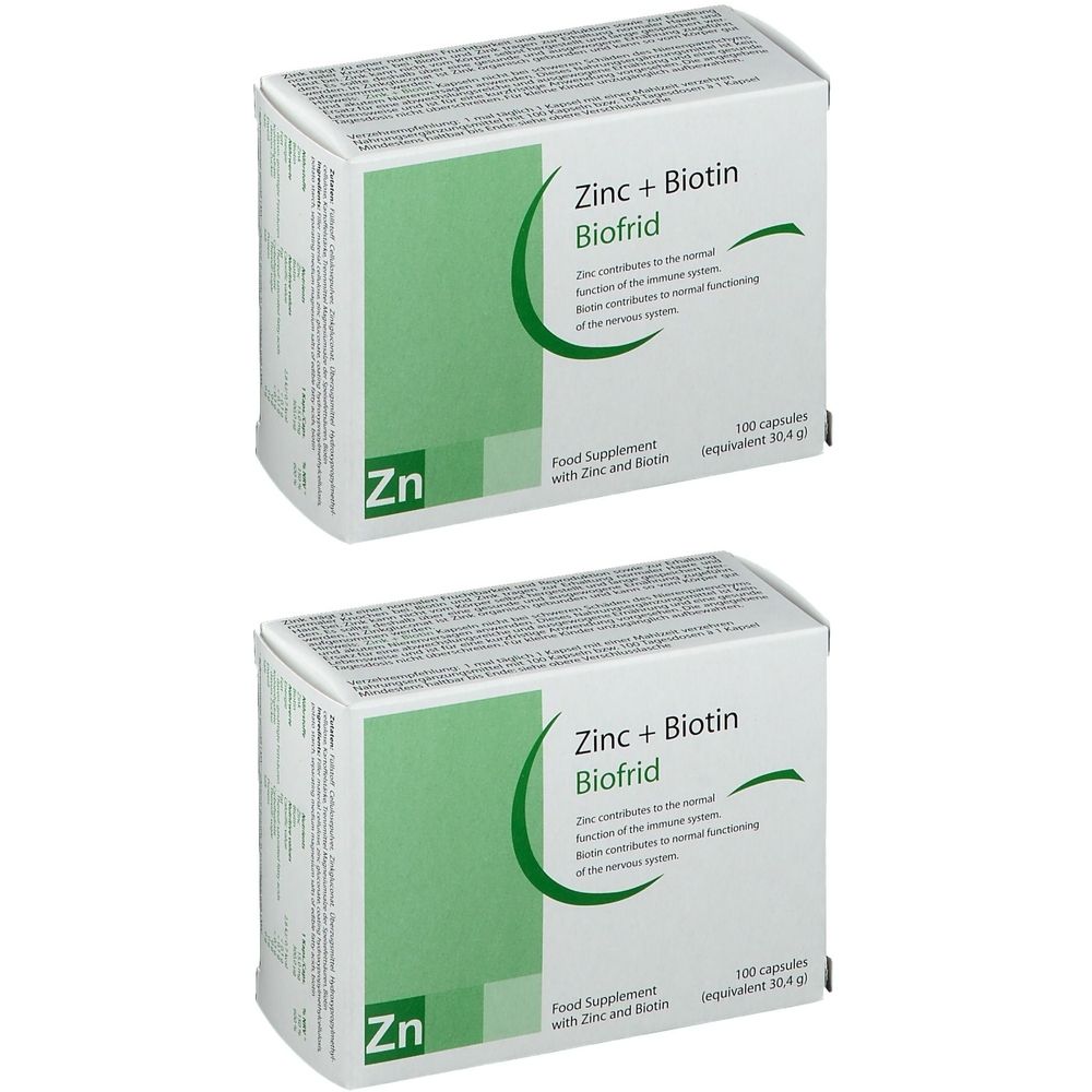 Zwei weiße Schachteln mit der Aufschrift "Zinc + Biotin Biofrid". Auf jeder Schachtel befindet sich ein grünes Design und die Aufschrift "Zn".