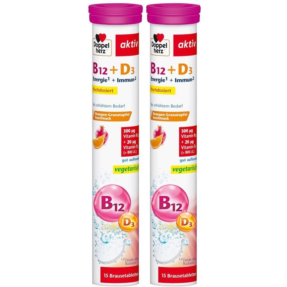 Zwei zylindrische Röhrchen mit pinkfarbenen Deckeln. Aufschrift: B12+D3, aktiv, Doppelherz. Enthält 15 Brausetabletten.