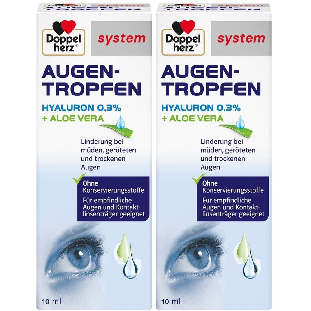 Zwei Packungen Augentropfen. Aufschrift: Doppelherz, Augentropfen, Hyaluron 0,3% + Aloe Vera. Für müde, gerötete Augen.