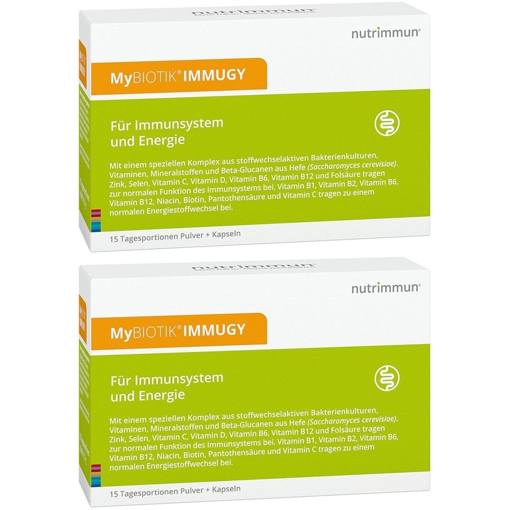 Zwei weiße Kartons mit grünen und orangen Akzenten. Aufschrift: MyBIOTIK IMMUGY. Text: Für Immunsystem und Energie. 15 Tagesportionen.