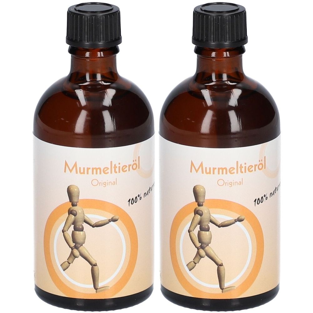 Zwei braune Glasflaschen mit schwarzem Deckel. Auf dem Etikett steht "Murmeltieröl Original". Darunter eine Holzfigur in einem Kreis.