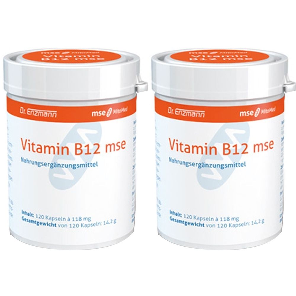 Zwei weiße Dosen mit orangefarbenen Deckeln. Aufschrift: Vitamin B12 mse, Nahrungsergänzungsmittel. Enthält 120 Kapseln.