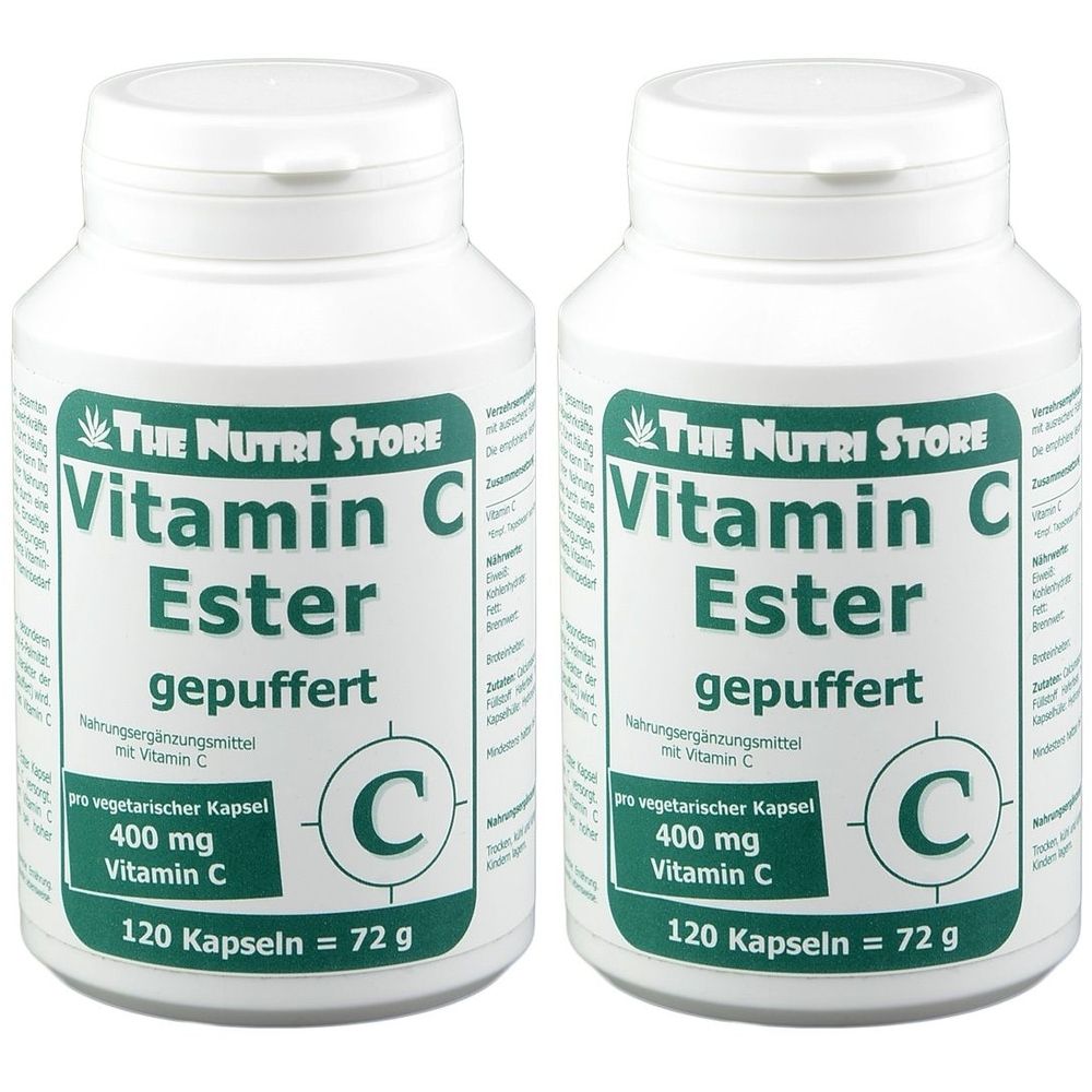 Zwei weiße Flaschen mit grünen Etiketten. Aufschrift: Vitamin C Ester, 400 mg, 120 Kapseln. Marke: The Nutri Store.
