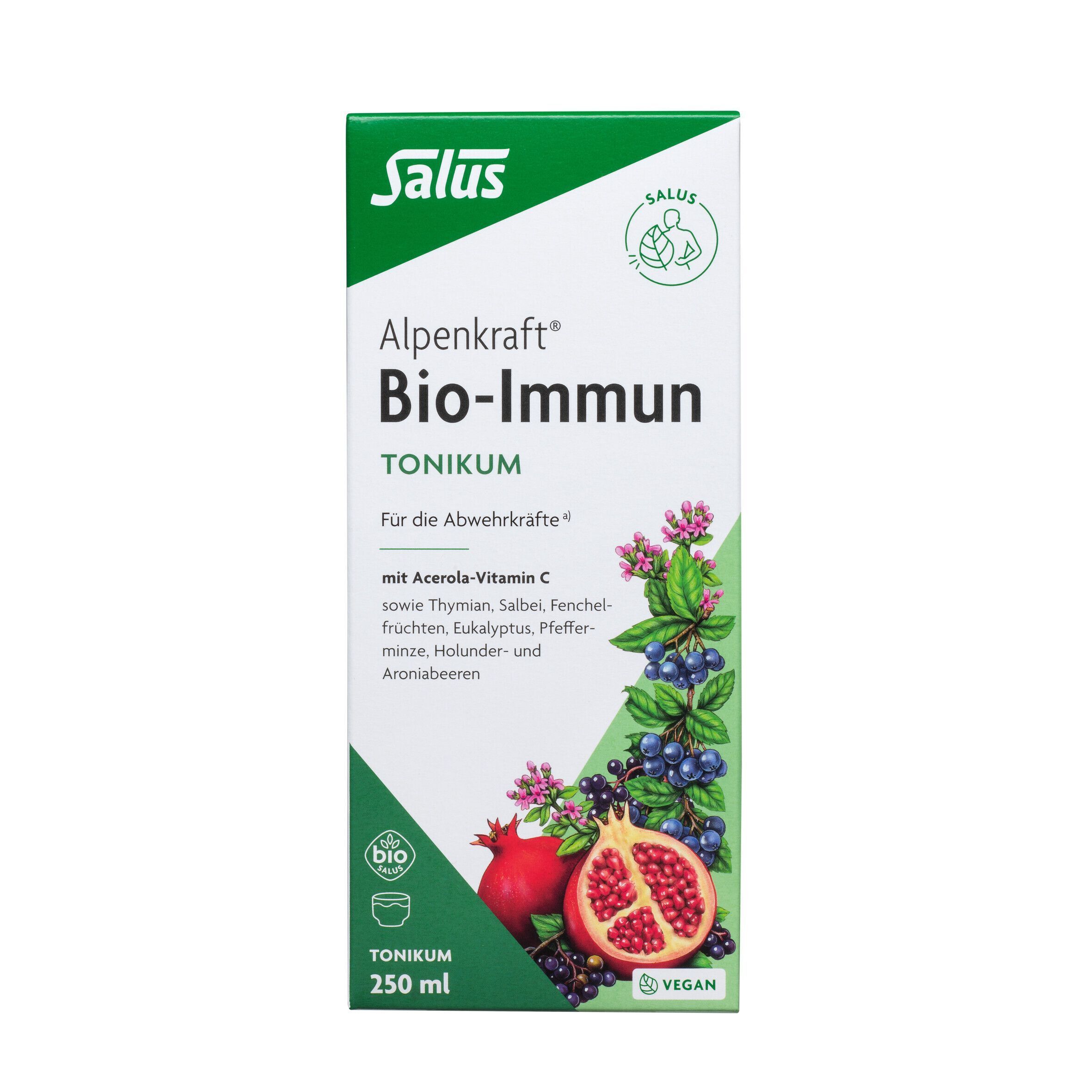 Verpackung Salus Alpenkraft Bio-Immun-Tonikum. Grüne Kartonbox mit Abbildungen von Beeren und Granatapfel. 250 ml.