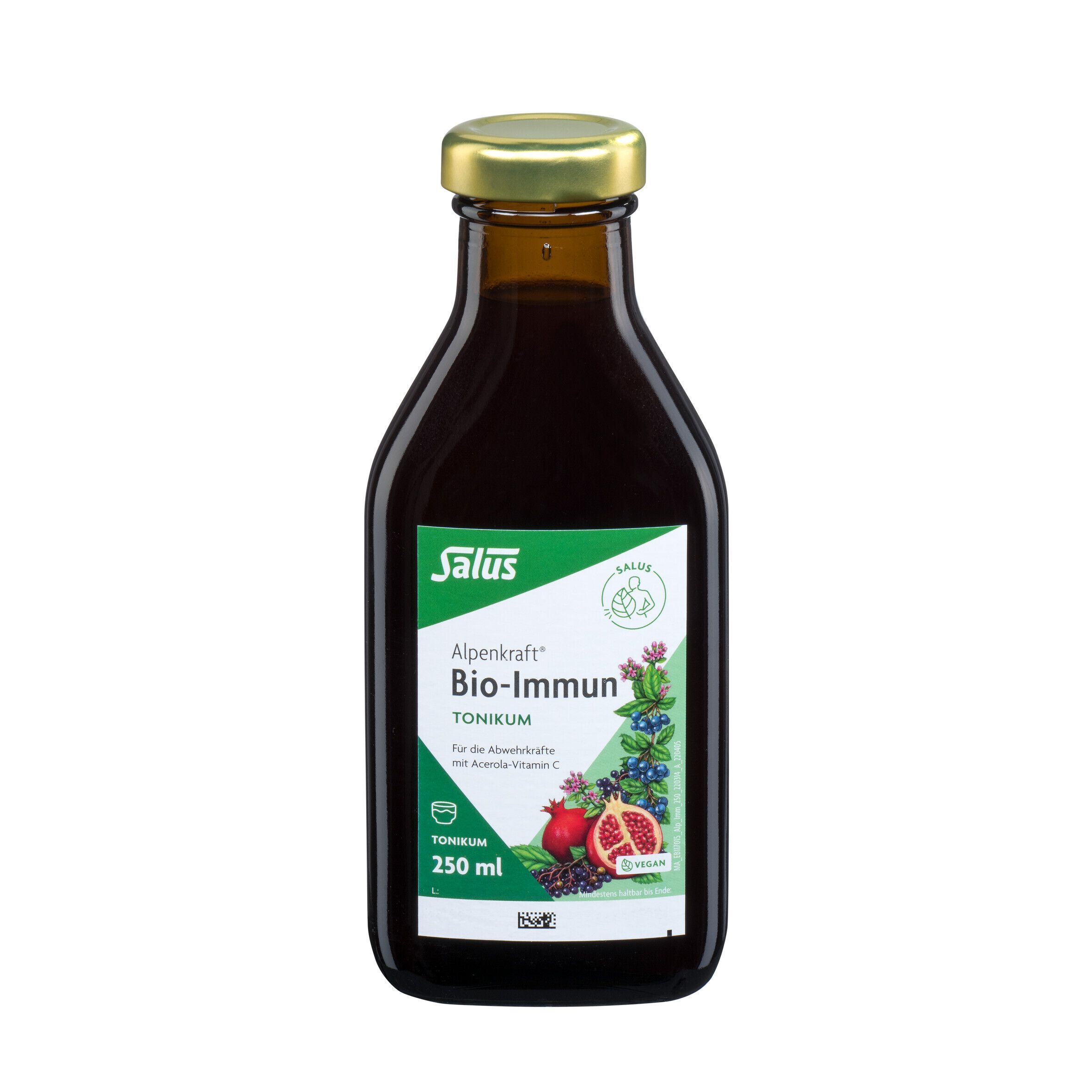 Flasche Salus Alpenkraft Bio-Immun-Tonikum. Braunes Glas mit grünem Etikett, das Beeren und Granatapfel zeigt. 250 ml.