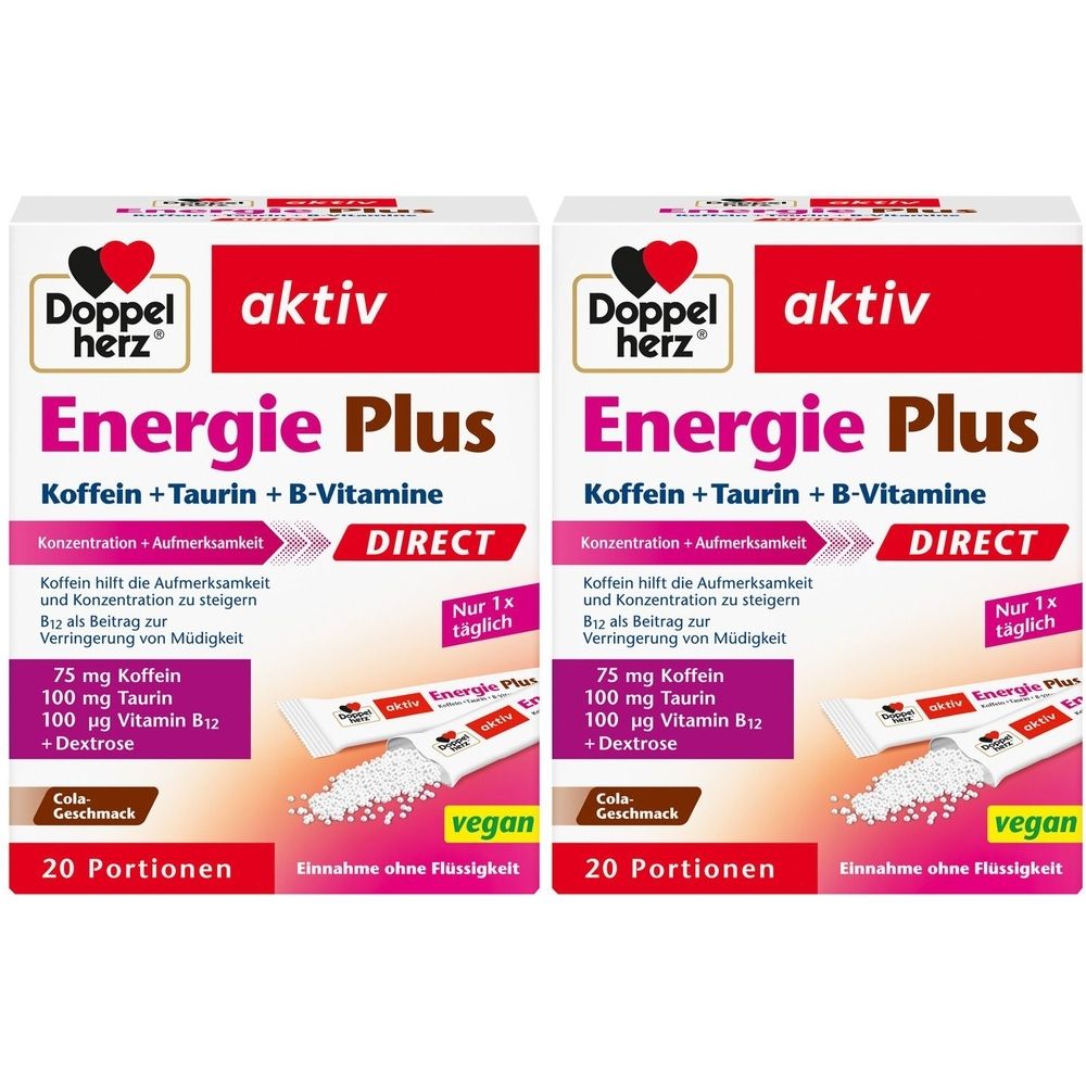 Zwei Packungen Doppelherz aktiv Energie Plus DIRECT. Aufschrift: Koffein + Taurin + B-Vitamine. 20 Portionen, vegan.