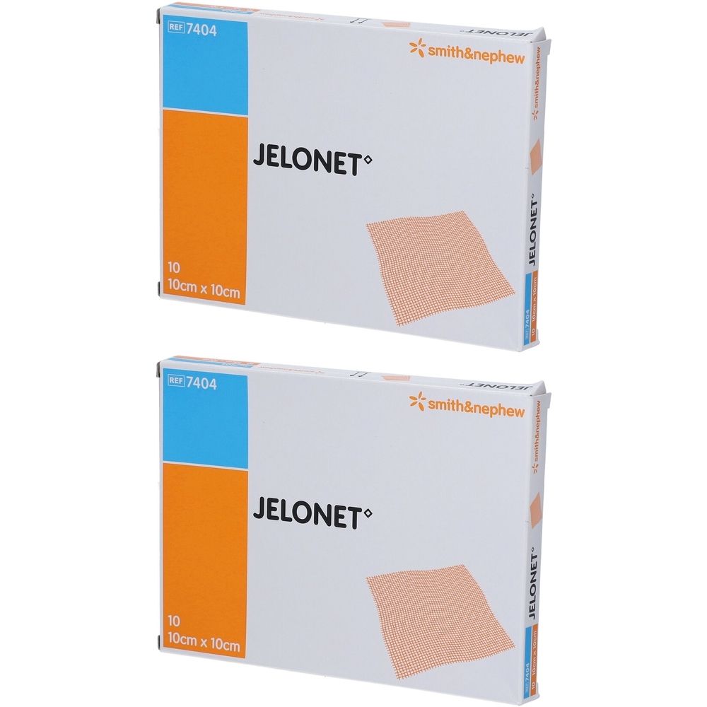 Zwei Kartons mit JELONET-Verband. Aufdruck: 10 Stück, 10cm x 10cm. Marke: smith&nephew. Orangefarbener Verband auf der Verpackung abgebildet.