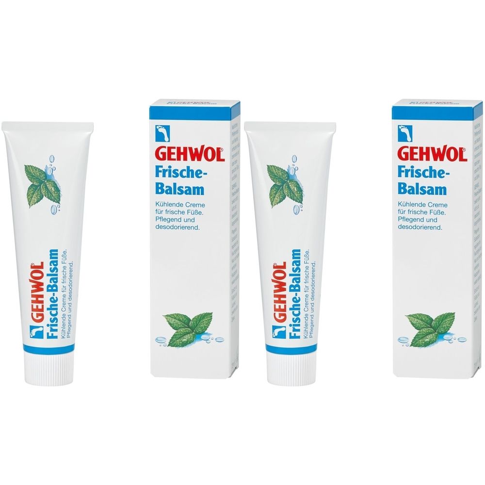 Drei Tuben und zwei Schachteln. Aufschrift: GEHWOL Frische-Balsam. Mint-Blatt-Motiv. Kühlende Creme für Füße.