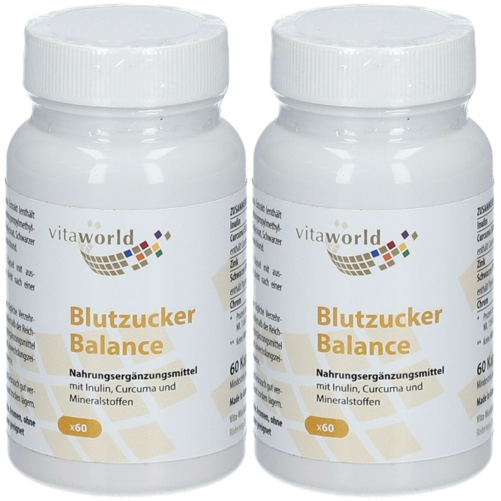 Zwei weiße Flaschen mit Etiketten. Aufschrift: Blutzucker Balance, Nahrungsergänzungsmittel. Marke: vitaworld. Jede Flasche enthält 60 Kapseln.