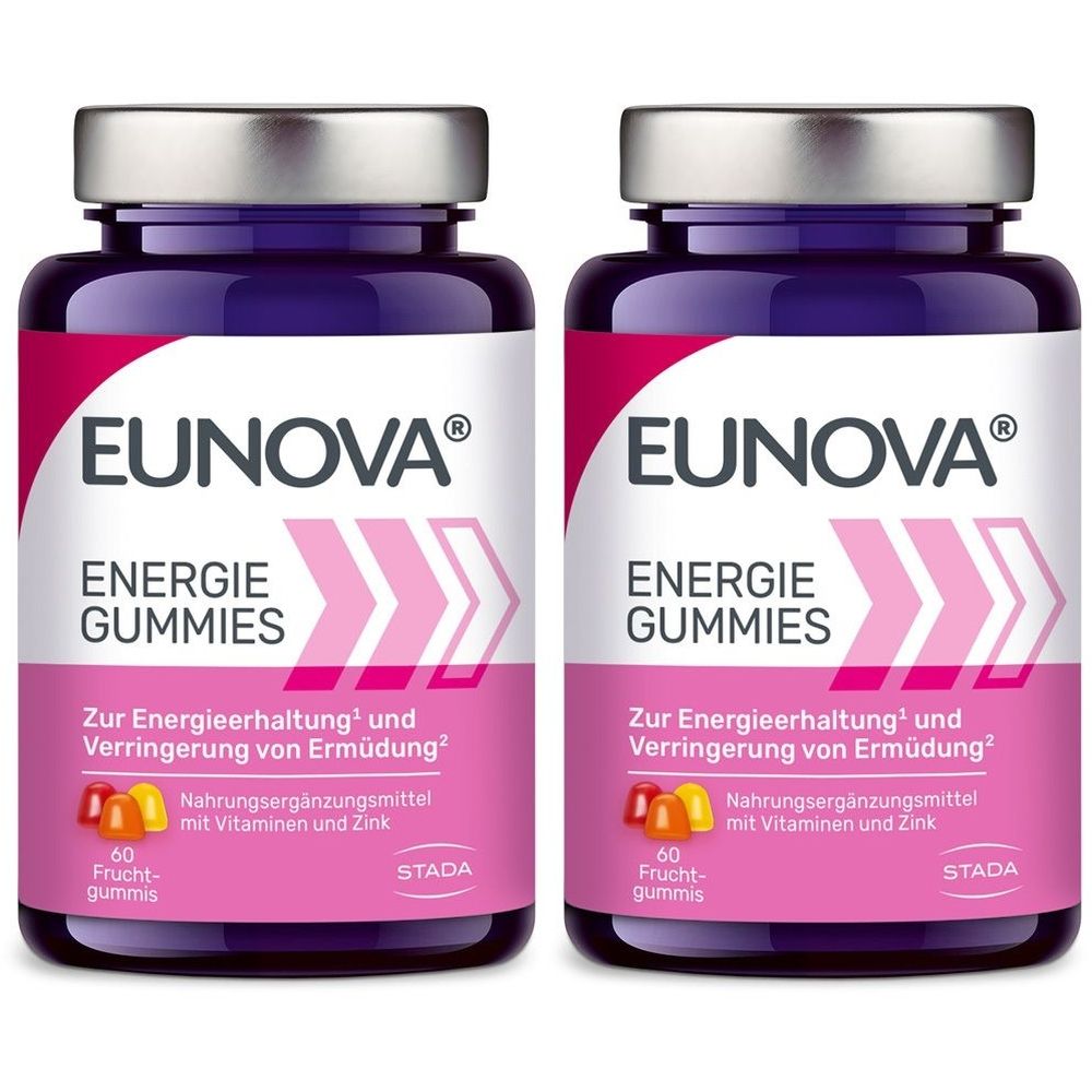 Zwei Flaschen EUNOVA® Energie Gummies. Lila Flaschen mit silbernen Deckeln und weißen Etiketten. Aufschrift: Energie Gummies, 60 Fruchtgummis.