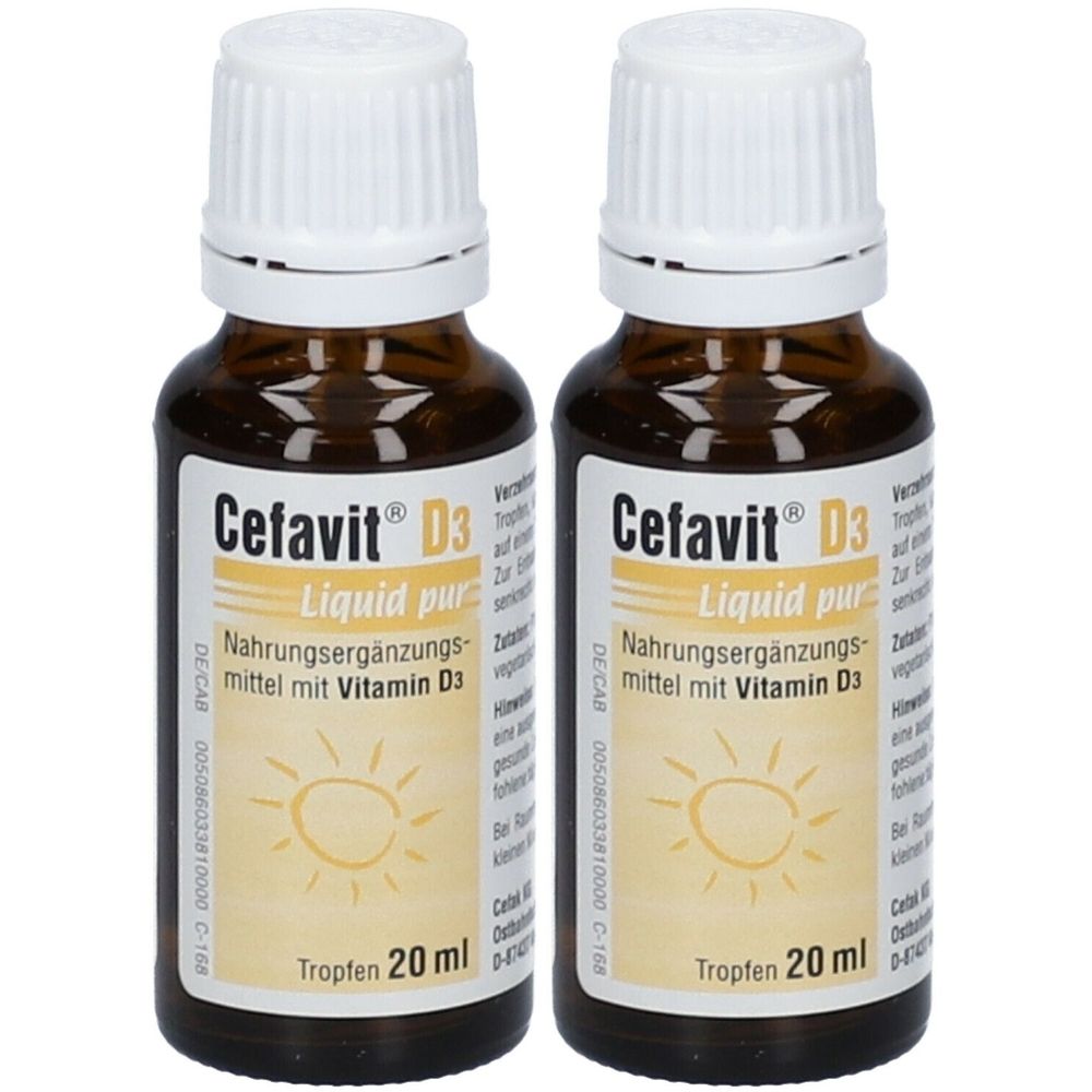 Zwei Flaschen Cefavit D3 Liquid pur. Braune Glasflaschen mit weißem Schraubverschluss. Etikett mit Produktinformationen und Sonnenmotiv.