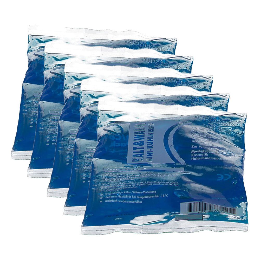 Mehrere blaue Beutel mit weißer Aufschrift. Aufschrift: Kalt & Warm Mini-Kühlkissen. Produktverpackung.