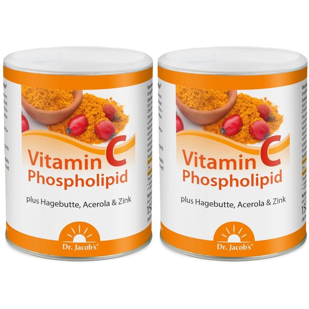 Zwei Dosen Dr. Jacob's Vitamin C Phospholipid. Aufschrift: plus Hagebutte, Acerola & Zink. Orangefarbener Hintergrund mit Produktabbildung.