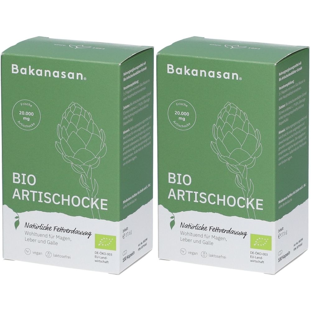 Zwei grüne Schachteln mit "Bakanasan Bio Artischocke". Text: 20.000 mg, Natürliche Fettverdauung, vegan, bio.