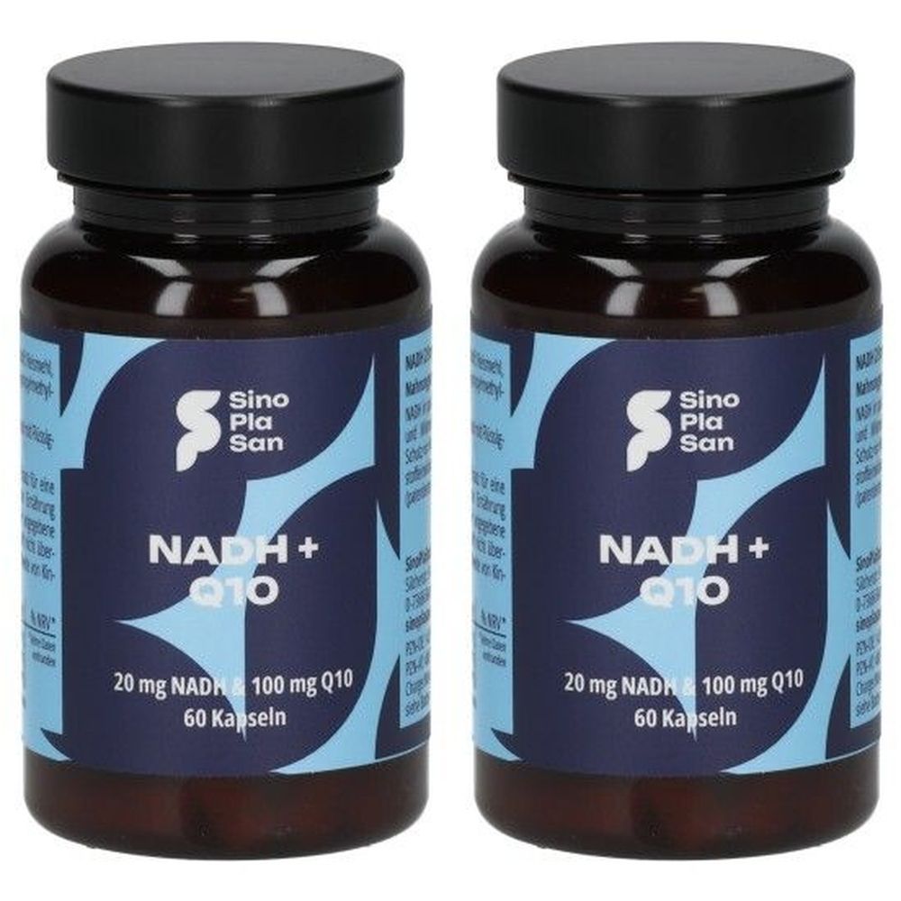 Zwei braune Flaschen mit schwarzen Deckeln. Auf den Etiketten steht "Sino Pla San NADH + Q10". Details: 20 mg NADH & 100 mg Q10, 60 Kapseln.