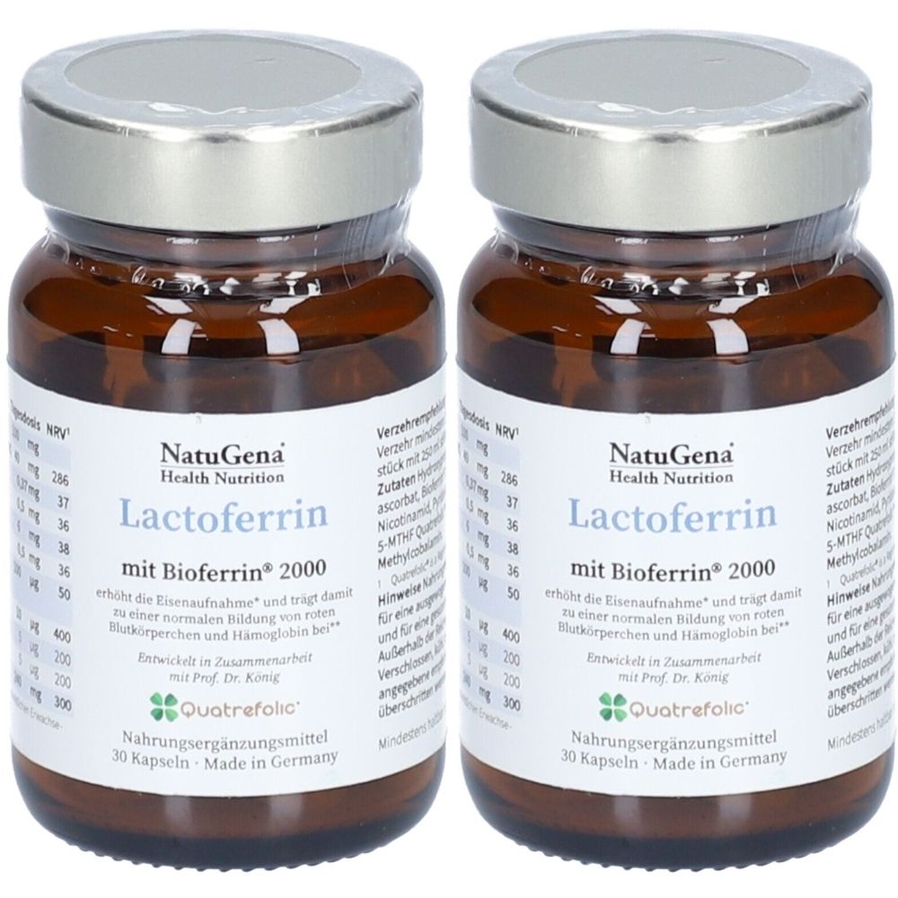 Zwei braune Glasflaschen mit silbernen Deckeln. Auf den Etiketten steht "NatuGena Lactoferrin mit Bioferrin 2000".