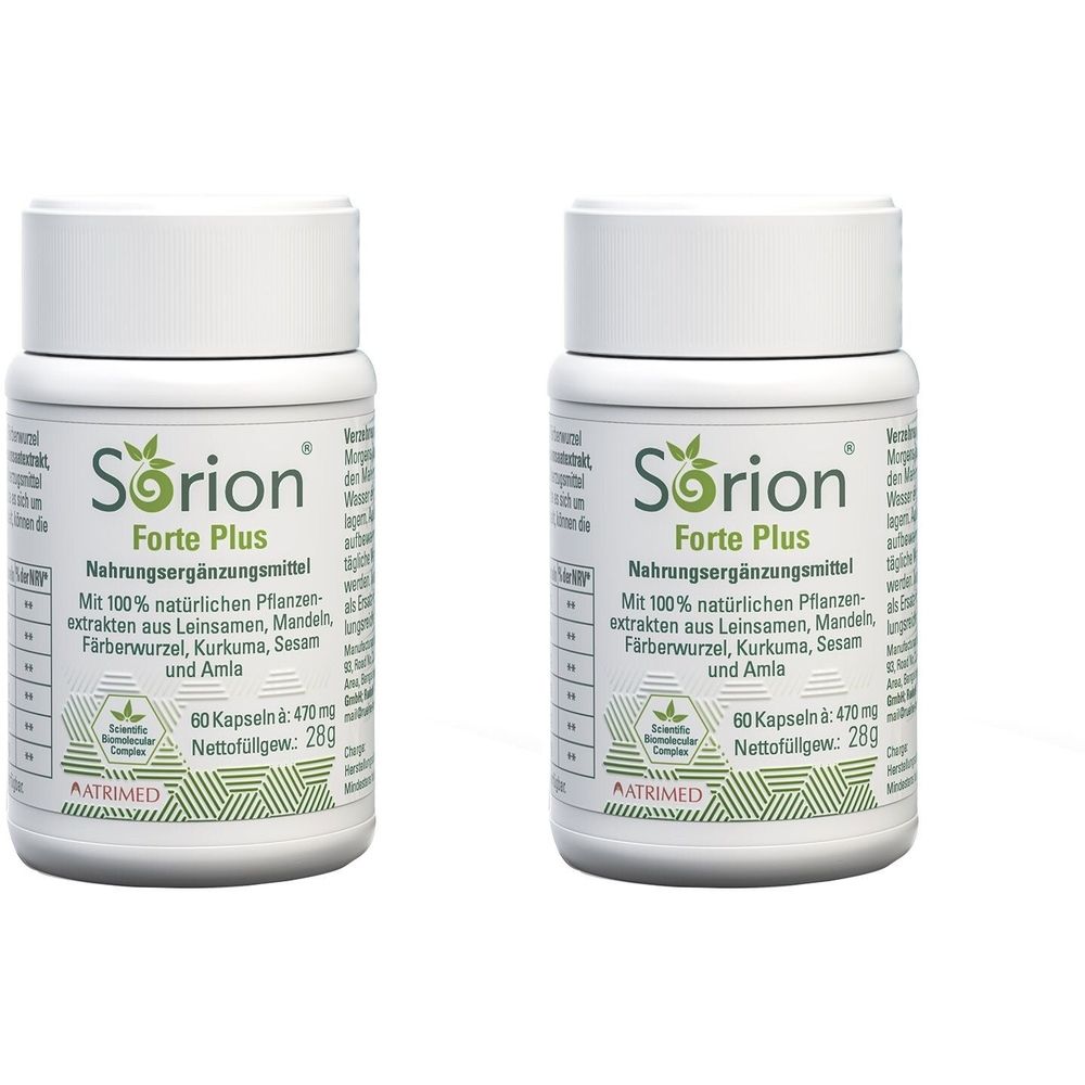Zwei weiße Flaschen mit dem Aufdruck "Sorion Forte Plus". Aufschrift: Nahrungsergänzungsmittel, 60 Kapseln, 470 mg.