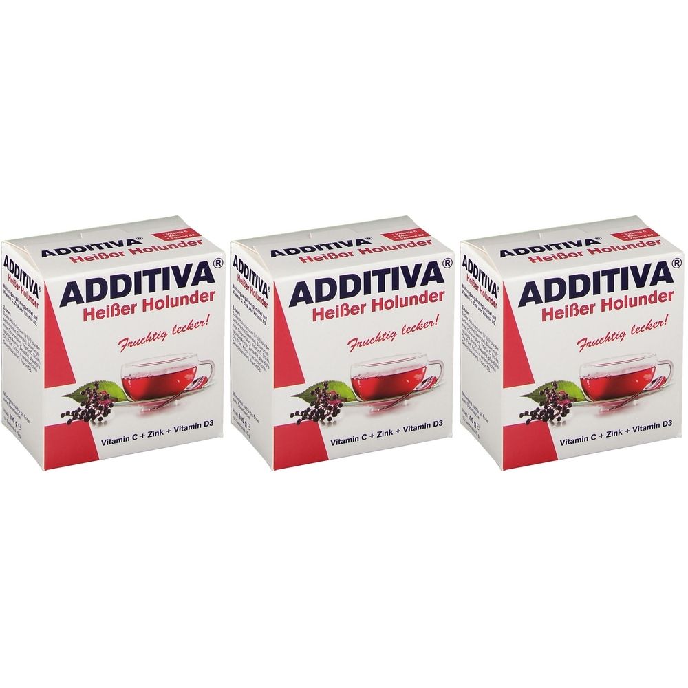 Drei Kartons ADDITIVA Heißer Holunder. Weiß mit roter Ecke, Produktabbildung und Schriftzug. Enthält Vitamin C, Zink und Vitamin D3.