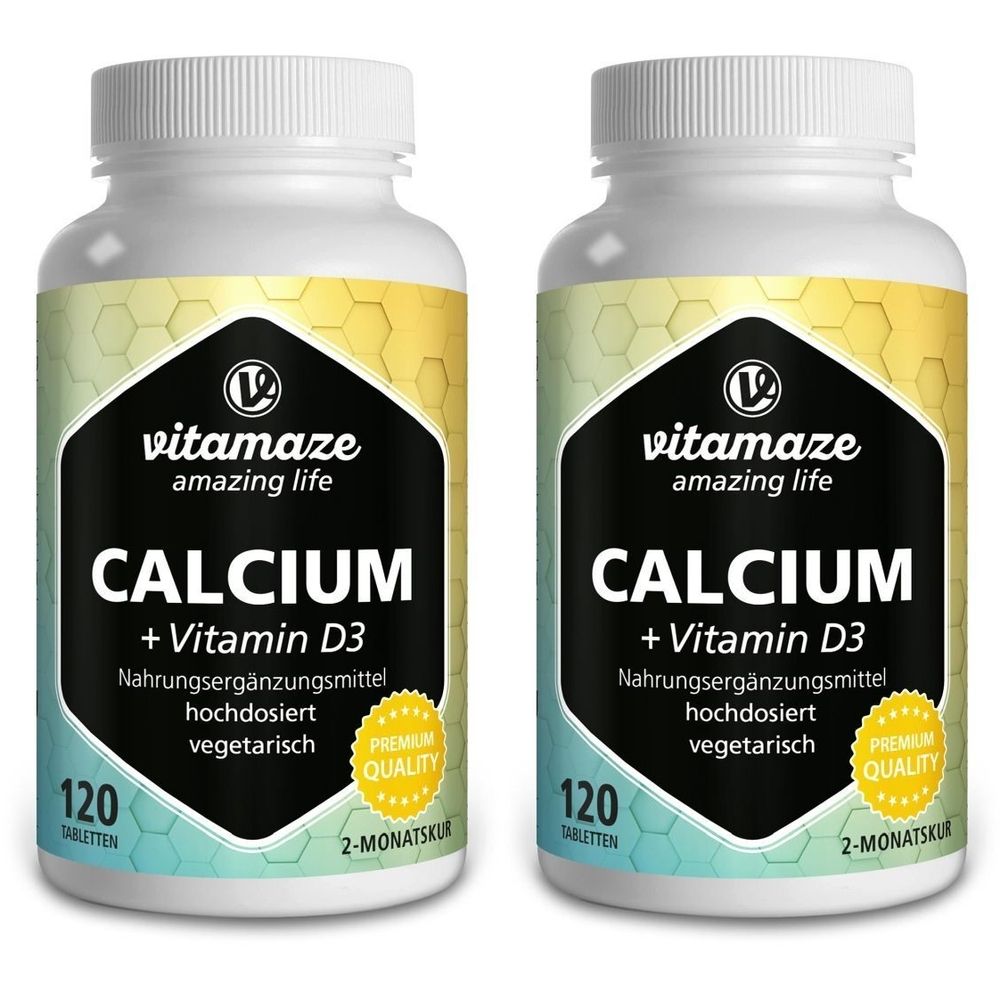 Zwei weiße Flaschen mit Etiketten. Aufschrift: Calcium + Vitamin D3, Nahrungsergänzungsmittel, 120 Tabletten, vegetarisch.