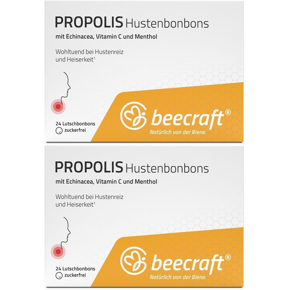 Zwei Schachteln Hustenbonbons. Aufschrift: PROPOLIS Hustenbonbons mit Echinacea, Vitamin C und Menthol. Marke: beecraft®. 24 Lutschbonbons, zuckerfrei.