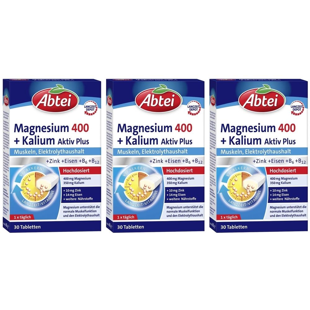 Drei Schachteln Abtei Magnesium 400 + Kalium Aktiv Plus. Blaue Verpackung mit Produktinformationen und Logo. 30 Tabletten.