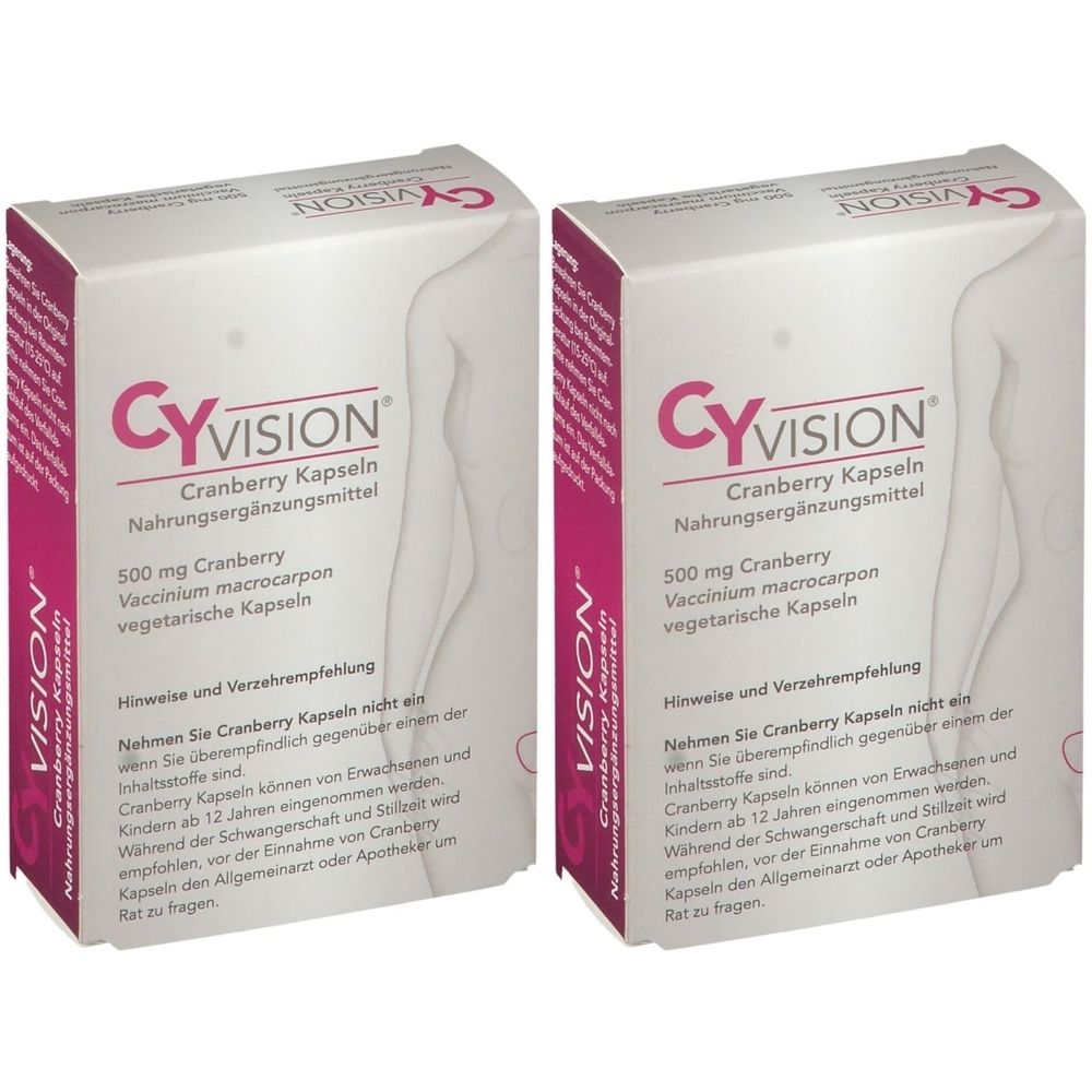 Zwei weiße Schachteln mit CYVISION Cranberry Kapseln. Aufschrift: Nahrungsergänzungsmittel, 500 mg Cranberry, vegetarische Kapseln.