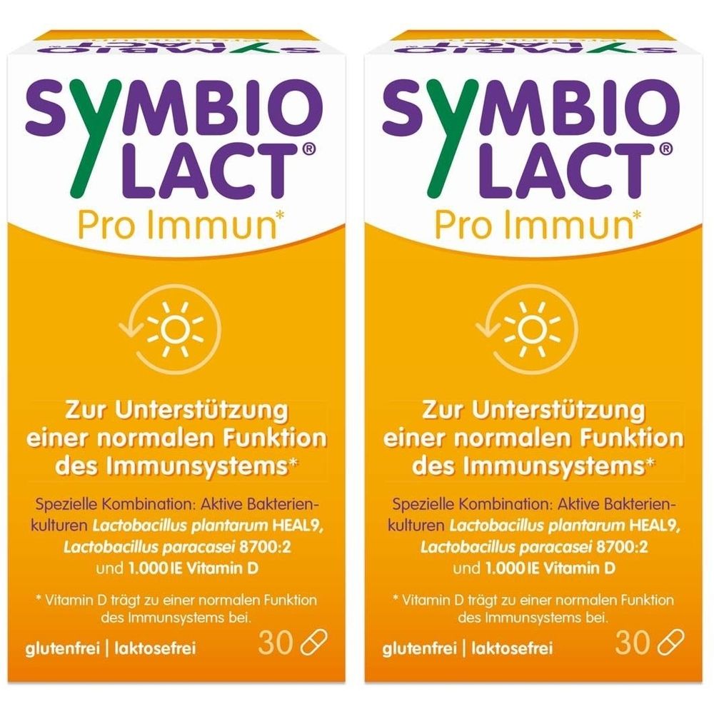 Zwei Packungen SymbioLact Pro Immun. Gelbe Verpackung mit Produktnamen und Text. Enthält 30 Kapseln.