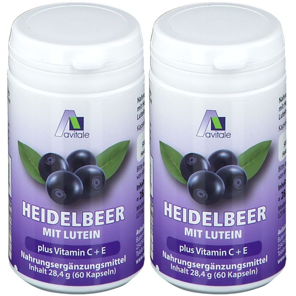 Zwei weiße Flaschen mit dem Logo von Avitale. Aufschrift: Heidelbeer mit Lutein, plus Vitamin C + E. Nahrungsergänzungsmittel.