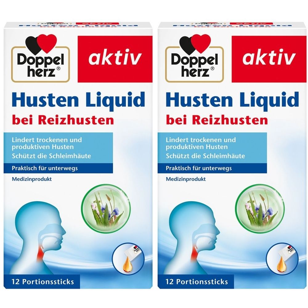 Zwei Packungen Doppelherz Husten Liquid bei Reizhusten. Weiße Verpackung mit rotem und blauem Text. 12 Portionssticks.